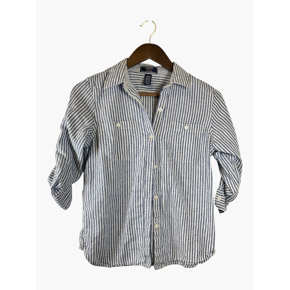 Chaps | Linen Blend Striped Button Down | Petite Medium | Blue White | Roll-Tab